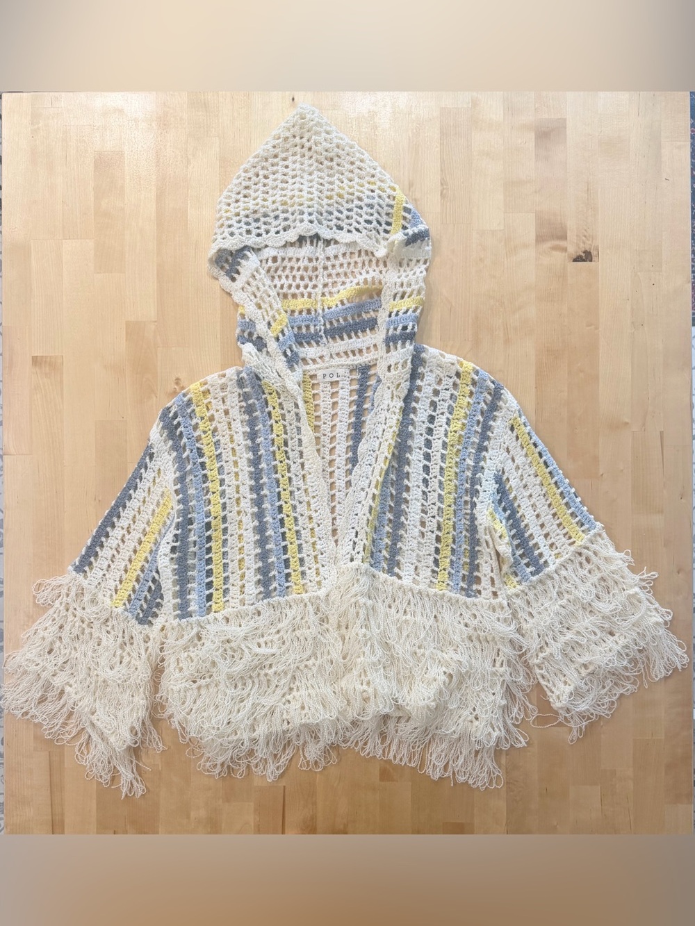 POL Crochet Hooded Fringe Multi Color Cardigan Sweater